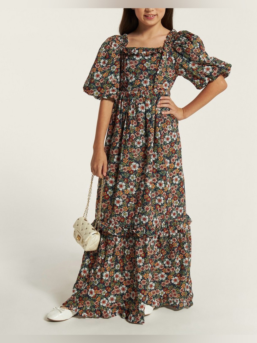 Lee Cooper Girls Floral Cottagecore Tiered Maxi Dress Size 10 - 11 Y